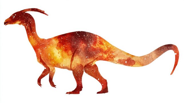 Watercolor Parasaurolophus dinosaur silhouette filled with a vibrant galaxy nebula pattern. A stylized watercolor painting depicts a Parasaurolophus dinosaur silhouette filled with a cosmic nebula