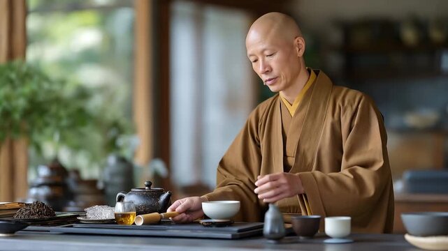 Elderly Buddhist teacher demonstrates tea ceremony as spiritual practice, traditional utensils arranged precisely, warm indoor setting emphasizes mindful movements, ideal for Zen ritual and modern
