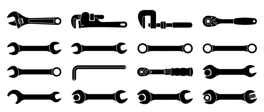 Collection of black silhouette hand tools, including various wrenches, a pipe wrench, C-clamp, ratchet, and hex key, presented in a clean graphic style