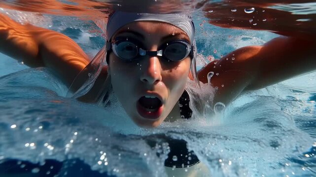 Female swimmer performs powerful stroke underwater in competitive swimming pool during a focused training session