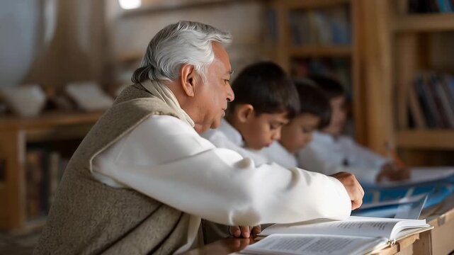 Elderly Hindu priest teaches Sanskrit verses to young students in temple classroom, ancient texts open before attentive children, warm indoor lighting creates studious atmosphere, ideal for