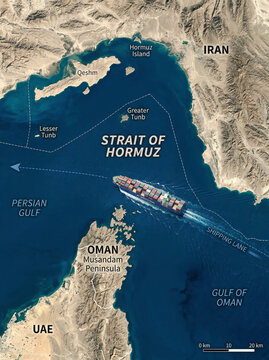 3D rendered topographical map of the Strait of Hormuz and Persian Gulf region from aerial satellite view