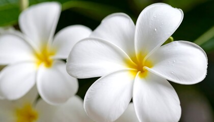 Obraz premium Close-up of two white tropical flowers with yellow centers and water droplets, set against green foliage background