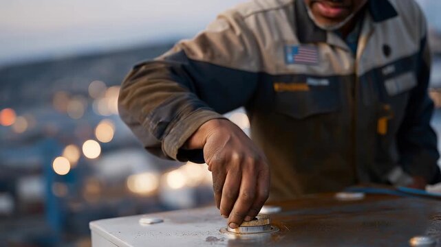 Elderly port worker's callused hand placing final container seal at twilight, cityscape reflected in metallic surface, decades of service patches visible on worn uniform sleeve, perfect for