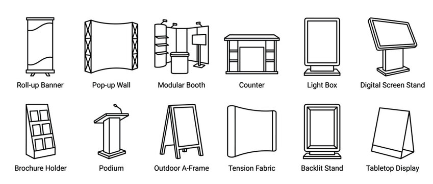 Collection of twelve diverse exhibition display stands and advertising elements, presented as clean black outline icons with a minimalist design