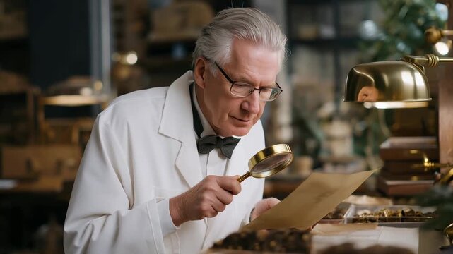 Elderly quality inspector examining returned Easter chocolate packaging under magnifying glass, defective products arranged by category on vintage wooden desk, perfect for reverse logistics