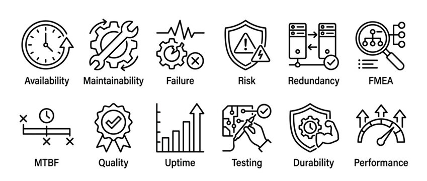 Twelve black outline icons illustrating various engineering concepts like availability, maintainability, risk, and performance, presented in a clean, modern vector style