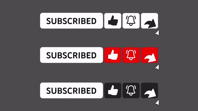 Subscribe Button Animation Pack with Icons Side Layout 4K Alpha. The sequence includes a button click transition ("Subscribe" to "Subscribed") and animated side icons for Like, Bell, and Share.