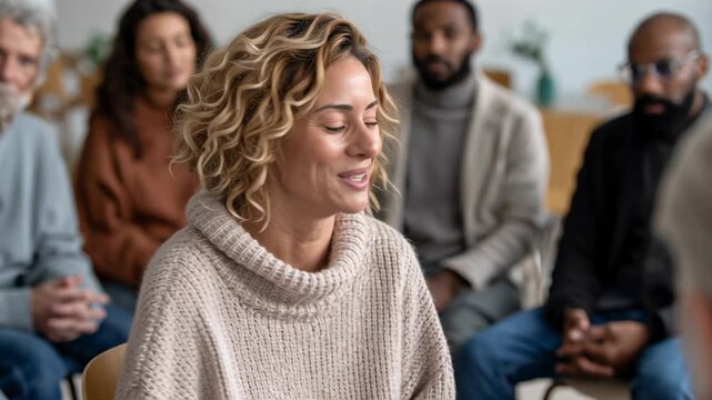 Curlyhaired woman speaking in support group, earnest conversation with attentive peers, cozy therapy room, warm sweater, emotional sharing and listening,