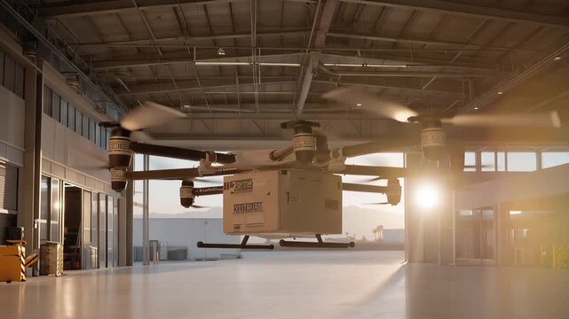 Empty drone testing facility hangar at midday, single quadcopter suspended mid-air by invisible wire, harsh sunlight creating dramatic shadows on polished concrete, perfect for unmanned delivery