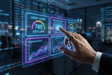 Fototapeta premium A close-up of a male hand interacting with a digital financial dashboard displaying credit scores and graphs in a modern office setting at night.