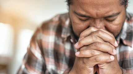 Fototapeta premium Man praying with hands clasped together. Devoted person showing faith and spiritual connection. Religious concept of hope, belief, humility and meditation. Human emotion and peace.