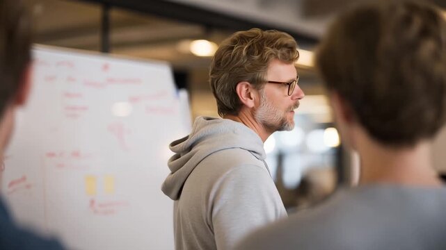 Founder testing minimum viable product with confused focus group participants, whiteboard covered in conflicting feedback, over the shoulder view of observations, perfect for product market fit,