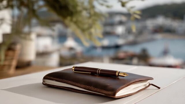 Fountain pen inscribes date in handmade leather journal beside Norwegian fjord, pressed Arctic flowers preserved on vellum pages, hiking route annotations in margins, ideal for slow travel