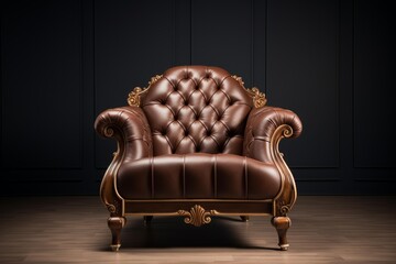 Fototapeta premium Luxurious brown leather armchair with quilted upholstery and an ornate golden frame, conveying opulence and comfort in a sophisticated dark room