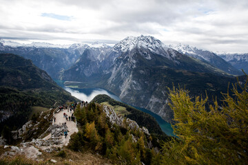 Obraz premium Panoramic view from Jenner mountain towards lake Konigssee, in autumn, Bavaria, Germany