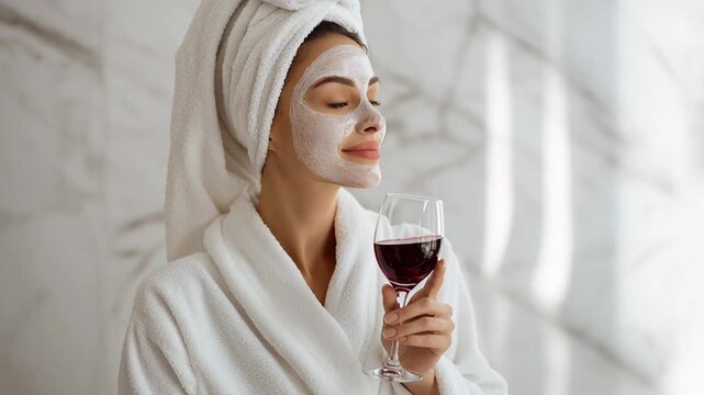 Woman sipping wine with clay mask and plush robe in bright bathroom, towel turban, expressive poses, closeup wine swirl, confident glamour, pampering routine,