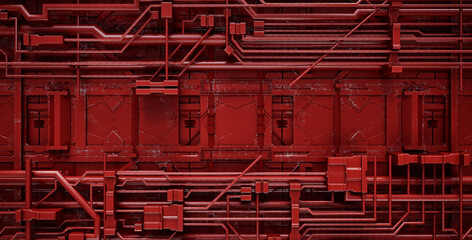 Naklejka premium Red industrial sci-fi metal panel texture 3D render illustration