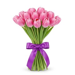 Fototapeta premium Beautiful bouquet of pink tulips tied with a purple ribbon