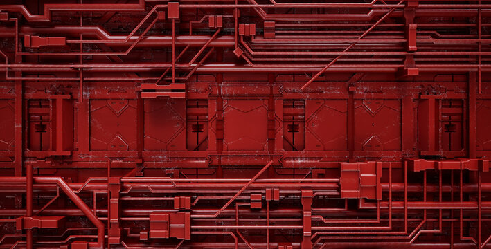 Red industrial sci-fi metal panel texture 3D render illustration