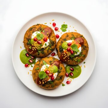 Crispy aloo tikki arranged on white ceramic plate