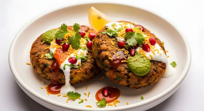 Spiced aloo tikki golden fried patties on ceramic plate