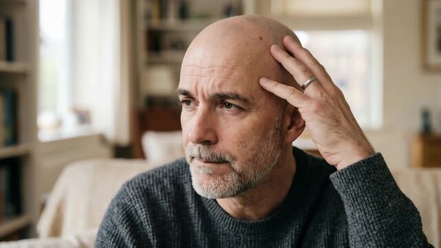 Mature man touching head with concerned expression at home, suggesting hair loss, aging, health awareness, self care, and lifestyle reflection in everyday life.