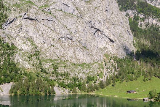Fischunkelalm at lake Obersee, lake Konigssee, in the Berchtesgaden Alps, Bavaria, Germany