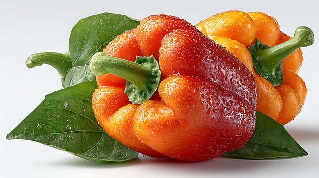 Organic bell pepper isolated with fresh foliage high resolution image