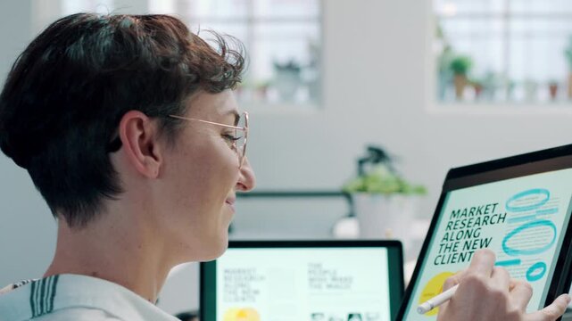 Creative, woman or happy with pen on tablet screen for market research, industry trends or planning. Marketing manager, smile and tech stylus in office for competitor analysis, campaign review or SEO
