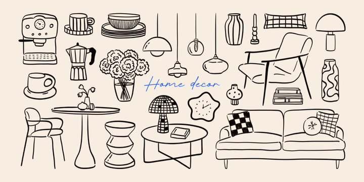 Set of hand-drawn trendy furniture and home decor in black color. Playful doodle line art silhouettes of interior design elements. Fun 70s outline chair, armchair, lamps, vases, mugs. Vector graphic