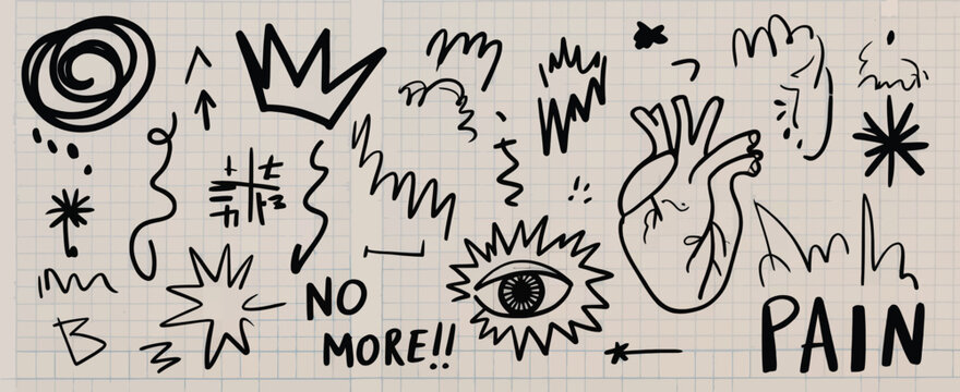 A black and white doodle collection featuring hearts eyes crowns and pain expressions on a grid background