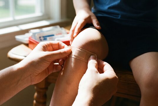 Adult hand applying adhesive bandage to child's scraped knee while sitting on wooden chair near window with first aid kit visible in the background