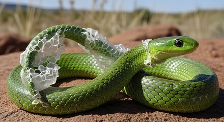 Fototapeta premium Green Snake Shedding Its Skin on a Rock