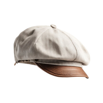 Gray tweed newsboy cap with a brown leather brim isolated on transparent background