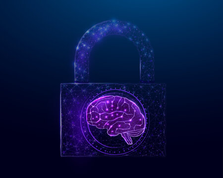 Human brain in padlock. Cyber mind concept with glowing low poly brain in lock on dark blue background. Wireframe low poly design. Abstract futuristic vector illustration.