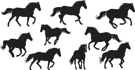 Obraz premium Dynamic silhouettes of galloping and trotting horses in various poses