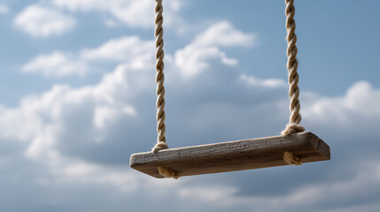 Fototapeta premium A weathered wooden swing seat with thick rope hangs against a bright blue sky with soft white clouds, evoking feelings of childhood and freedom