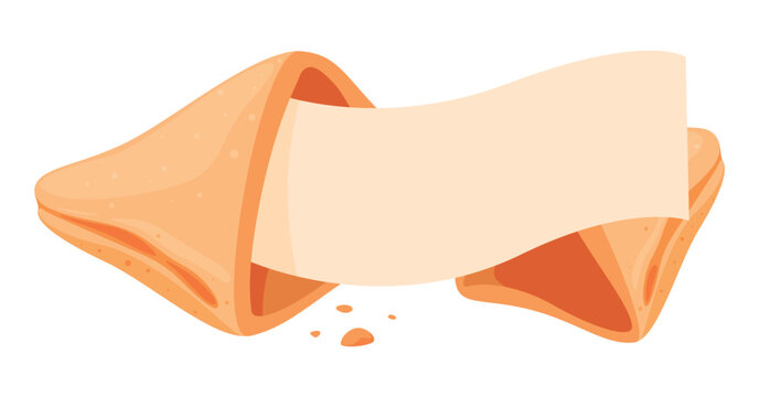 Fortune cookie illustration. Chinese shortbread cookies with a paper wish or message. Crispy, sweet treats with a surprise inside.