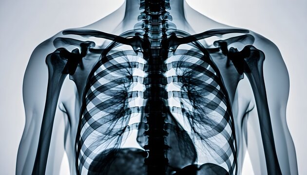 A medical x-ray image of a human skeleton torso and upper limbs
