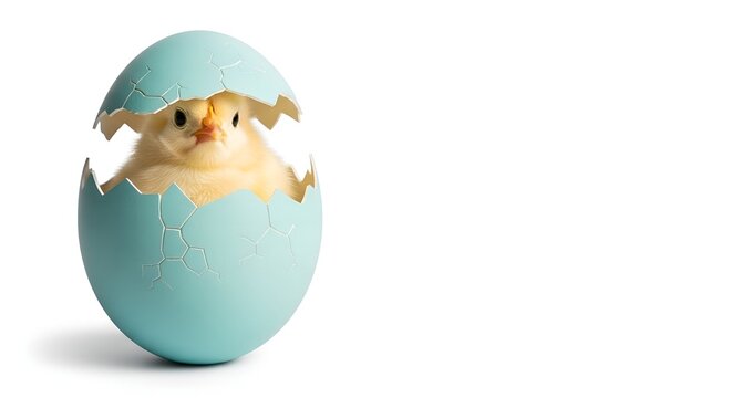 A curious little yellow chick hatching from a broken light blue egg on white background