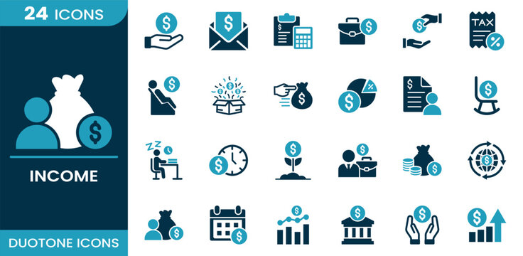 Income icon set. Financial growth, revenue stream, money profit, business earnings, investment return, salary income, economic gain, cash flow concept and more. Duotone vector icons collection.