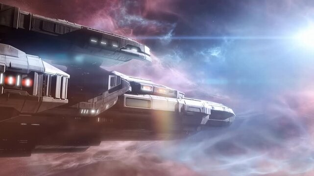 Sleek Space Vessel Swiftly Traversing Luminous Nebula Clouds With Glowing Trails And Dramatic Horizon Light