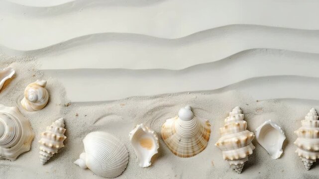 The sand shows various patterns and textures with seashells scattered across. The sun shines down, illuminating the natural beauty on the shore. Footprints lead into the distance
