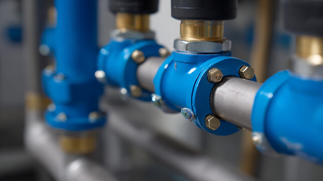 Close-up view of industrial blue pipes with brass fittings and silver bolts, showcasing intricate connection points in a sophisticated system