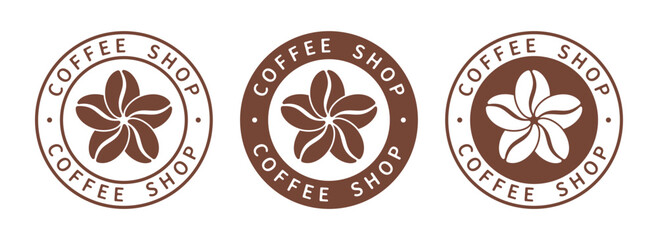 Naklejka na ściany i meble Coffee shop badges set. Seals with coffee beans as flower isolated on white background. Vector illustration