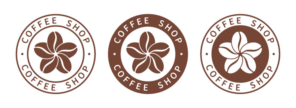 Coffee shop badges set. Seals with coffee beans as flower isolated on white background. Vector illustration