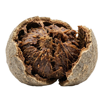 Cracked wood apple fruit with fibrous pulp isolated on transparent PNG