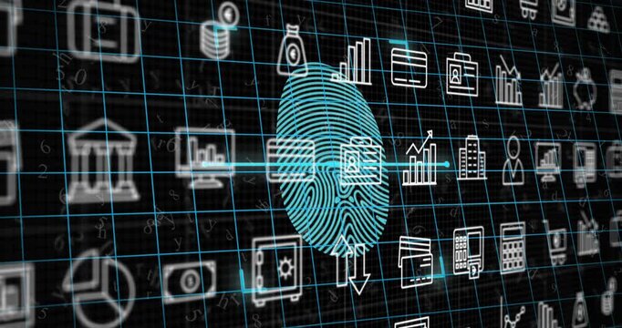Animation of icons over fingerprint icon on black background