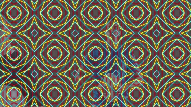 Animation of kaleidoscopic patterns over two caucasian male rugby players against grey background